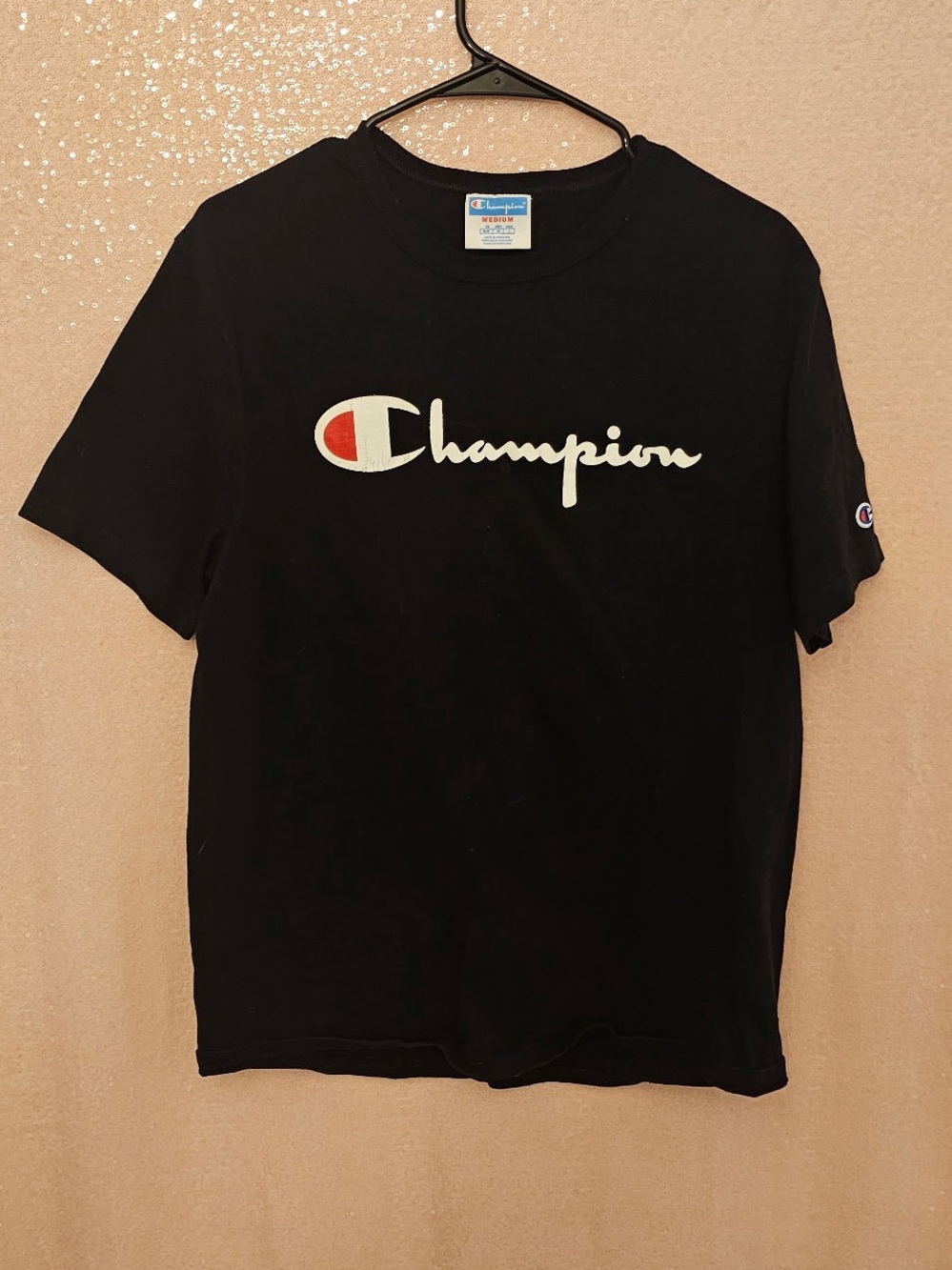 Champion Black Tee with White Script and Red Accent